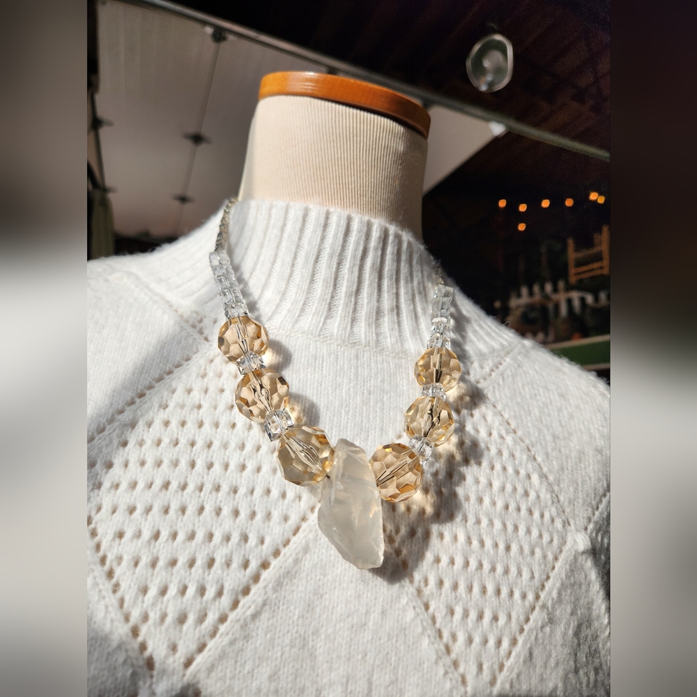 Handcrafted Necklace With Vintage Tan Beads, Crystals - Only One Made.